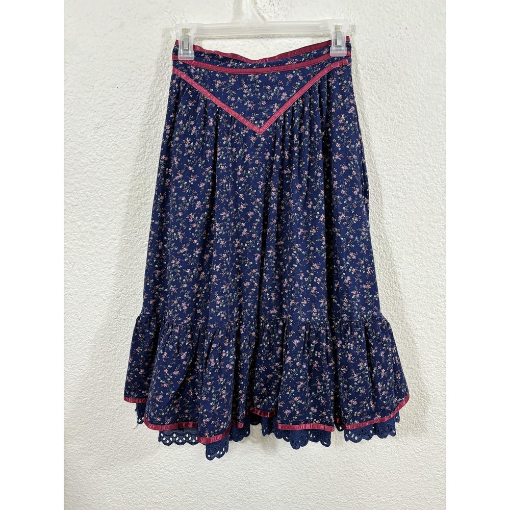 Vintage Jessica's‎ Gunnies Skirt Womens XS Blue Floral Prairie Ruffle Midi 80s